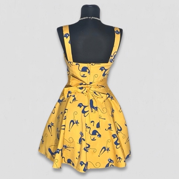IXIA Vintage Cat Print Mini Dress Yellow Blue Small - Picture 2 of 13